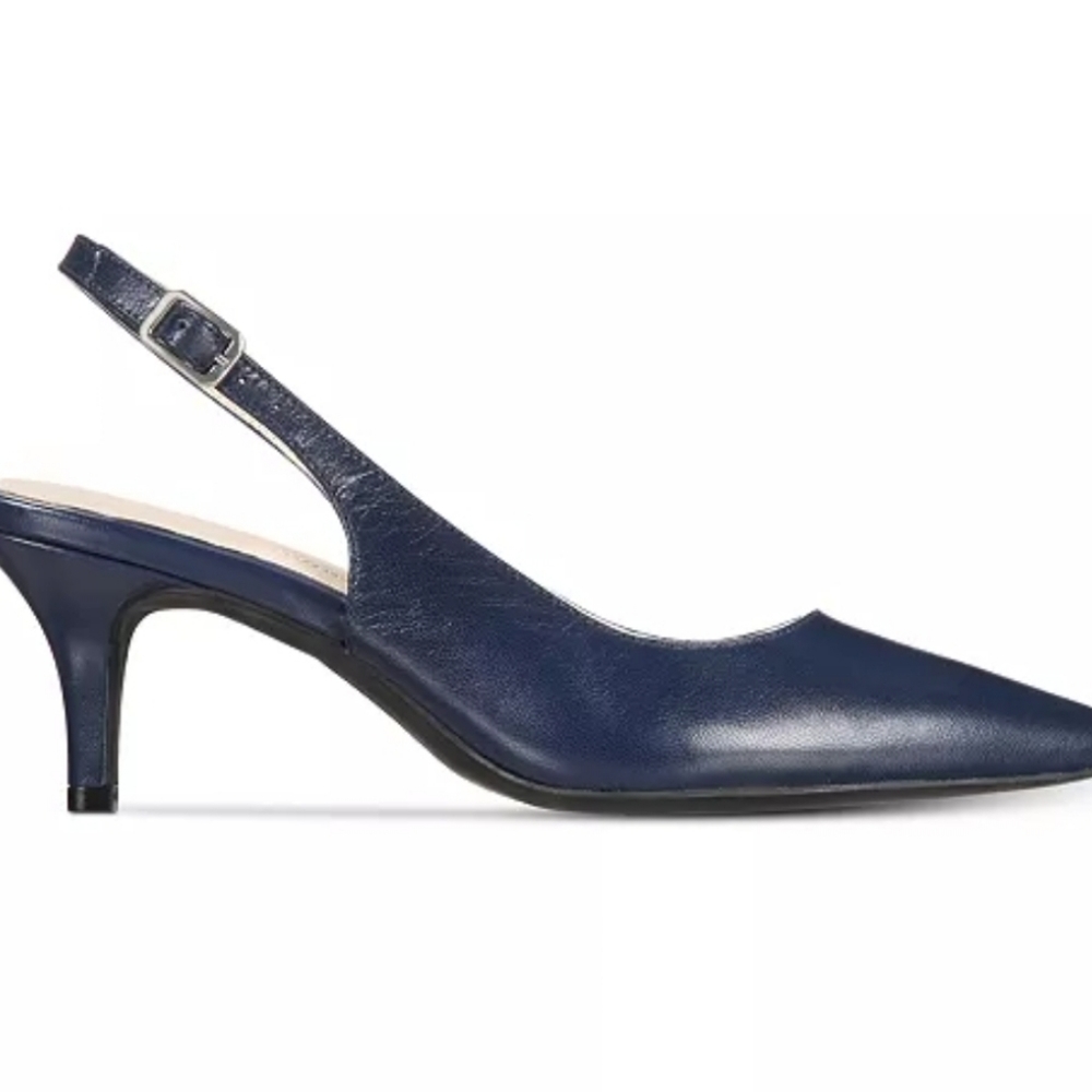 Pointed-toe sling-back pumps with adjustable buckle closure at back strap